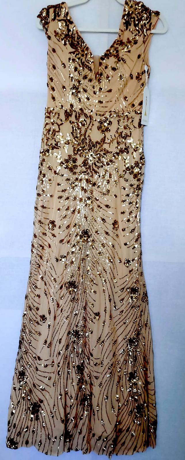 Evening Dress Medium Champagne Gold Lined Sequins Bust Padding Maxi Length BNWT