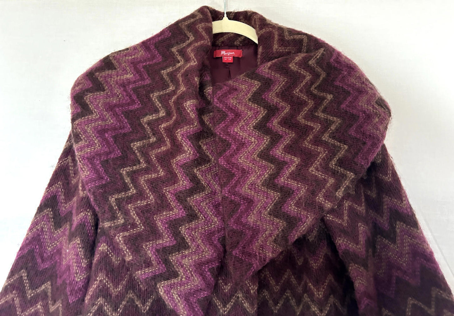 MONSOON Jacket Coat 14 Wool Y2K Vintage Purple Zig Zag Long Sleeves Lined