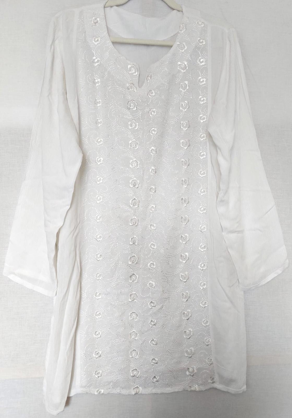 Kaftan Tunic OS White Cheesecloth Embroidered Notch Neckline