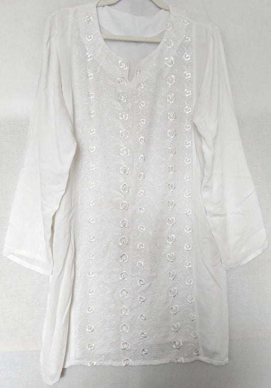 Kaftan Tunic OS White Cheesecloth Embroidered Notch Neckline