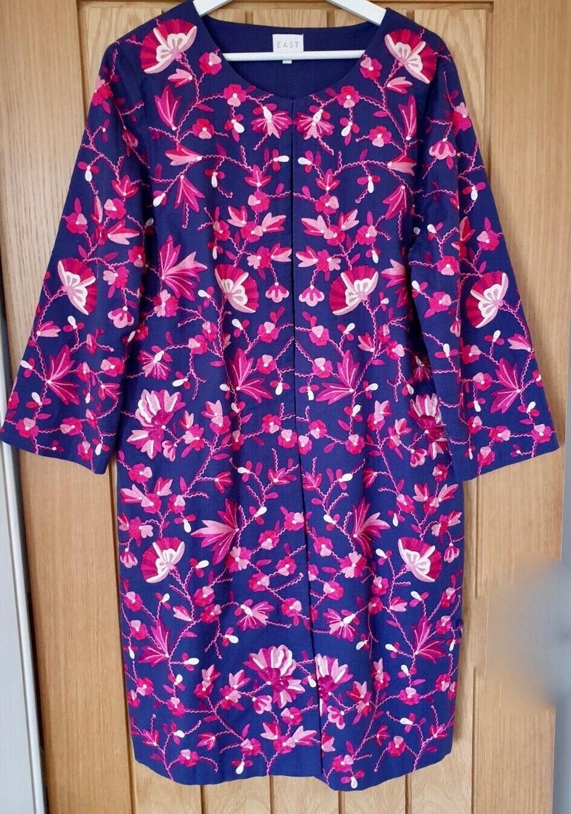EAST Coat S/M Blue & Pink  Embroidered Cotton & Linen Midi Length Round Neck