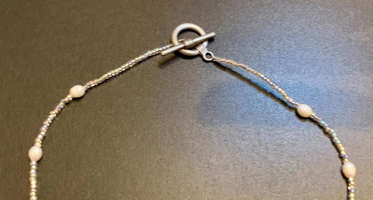 Necklace Green Fluorite Nuggets Pearl Crystal Silver Toggle 16 ins