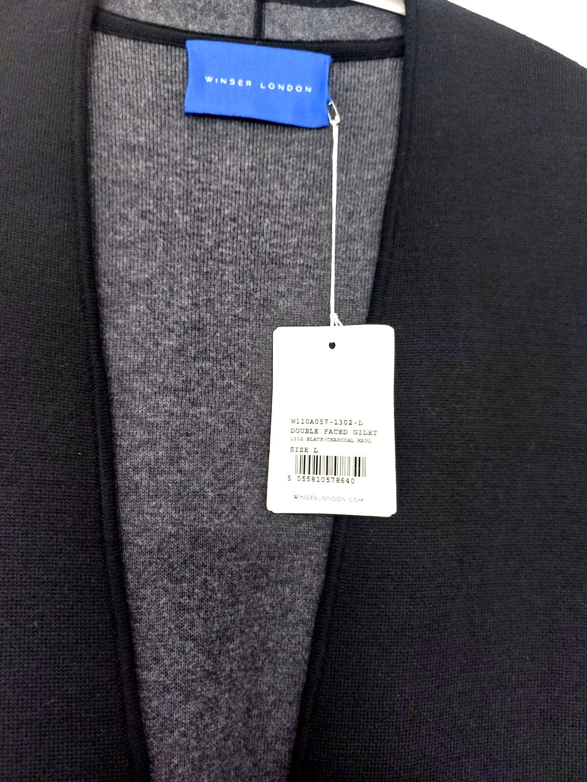 Winser London Gilet Large Black & Grey Pockets Edge to Edge Wool Blend BNWT!