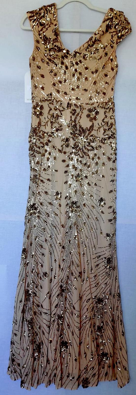 Evening Dress Medium Champagne Gold Lined Sequins Bust Padding Maxi Length BNWT
