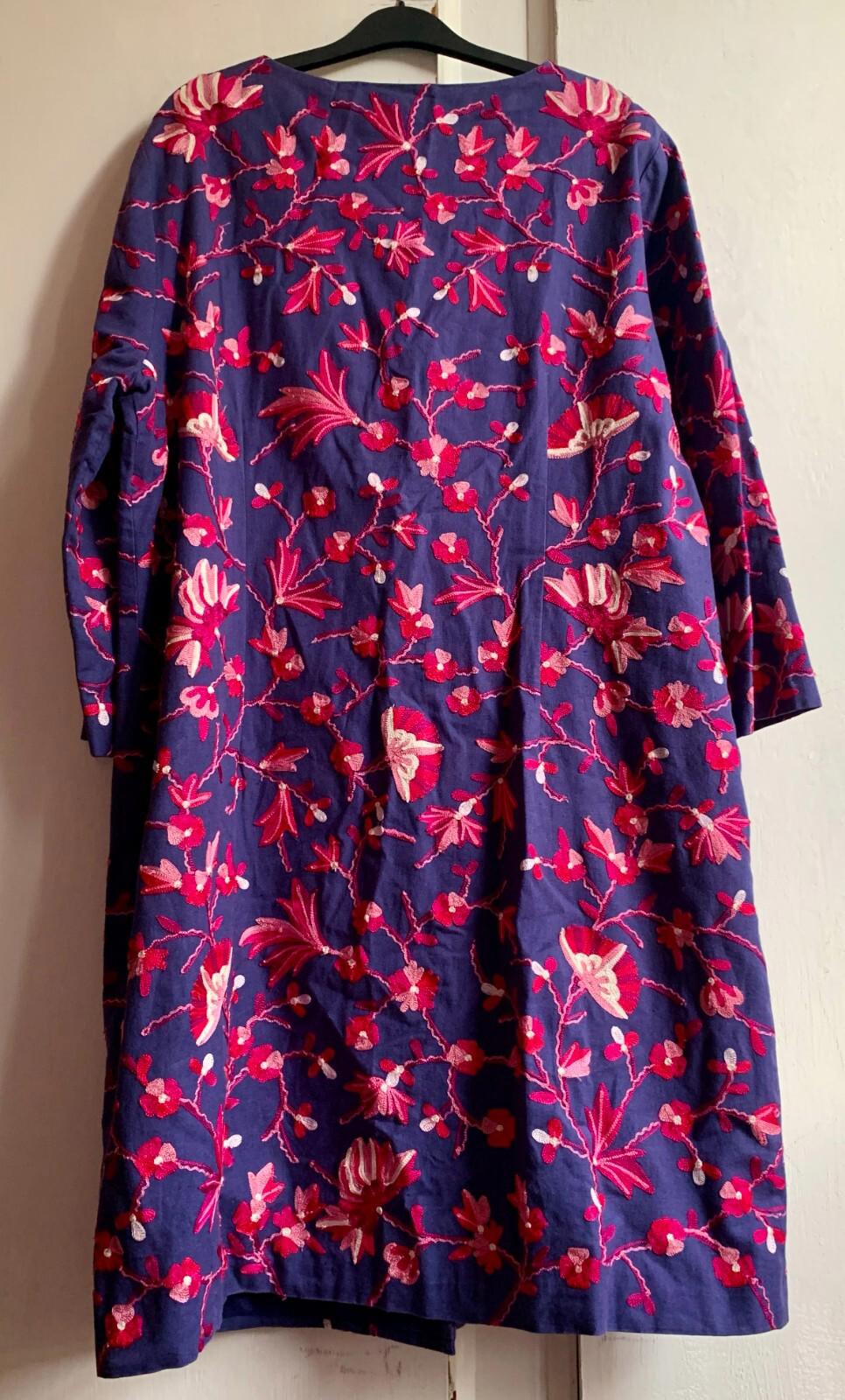 EAST Coat S/M Blue & Pink  Embroidered Cotton & Linen Midi Length Round Neck