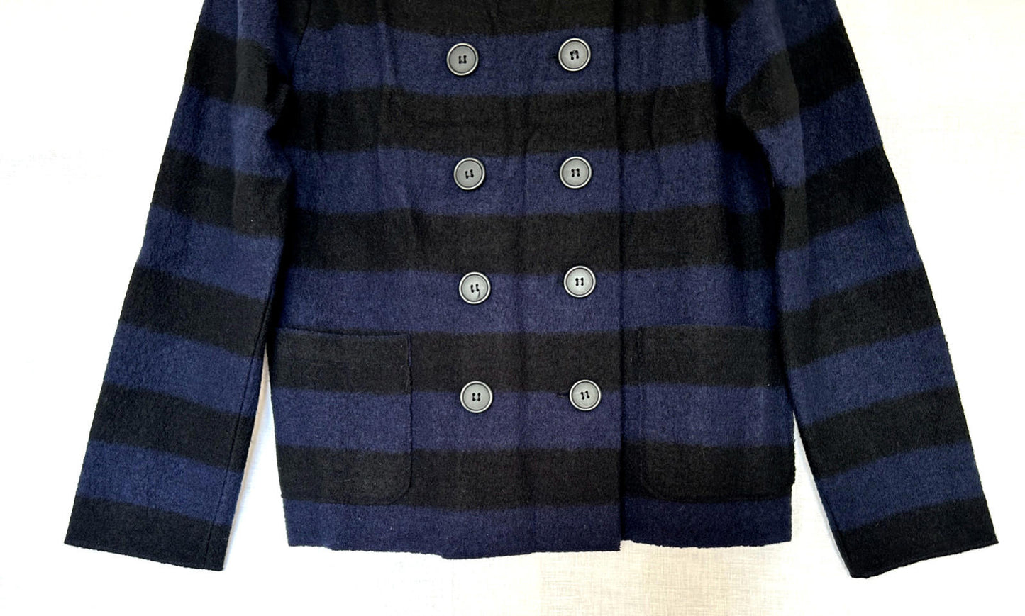EAST Jacket M Blue & Black Striped Boiled Wool Pea Coat Buttons