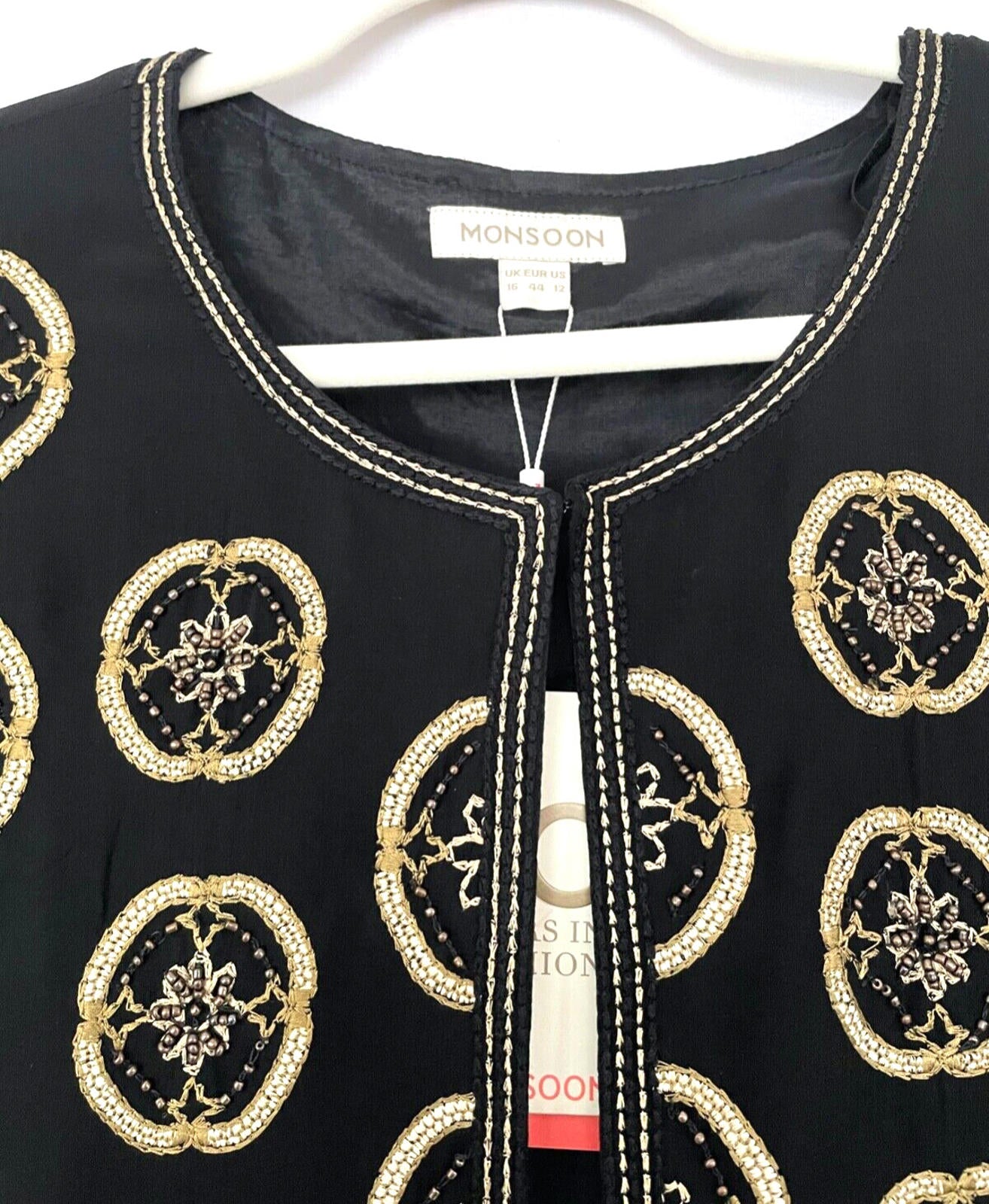 MONSOON Evening Jacket 16 Black & Gold Embroidery Beads Round Neckline BNWT
