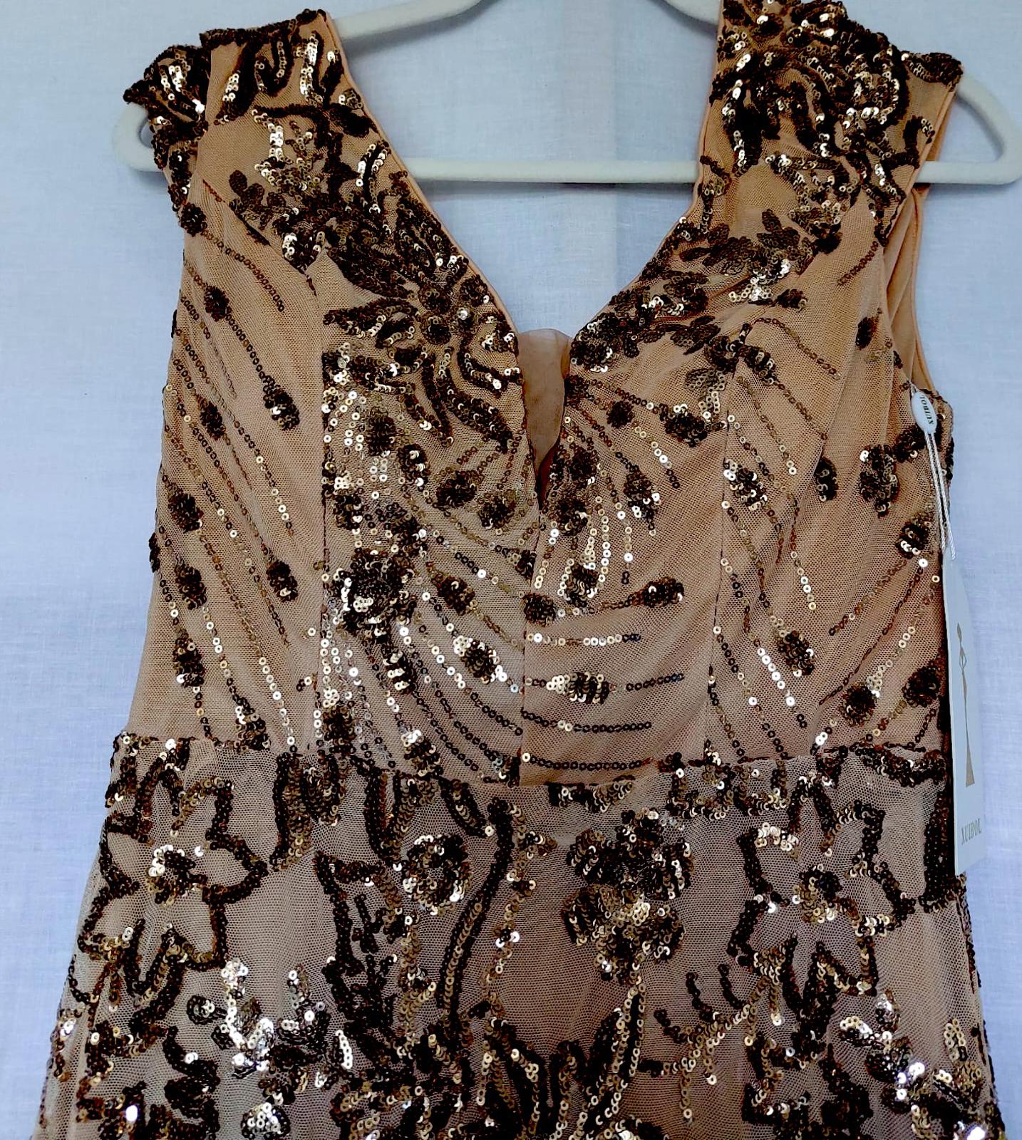 Evening Dress Medium Champagne Gold Lined Sequins Bust Padding Maxi Length BNWT
