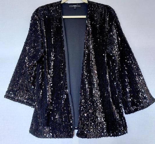 NEXT Evening Jacket Large Black Sequins Lined Long Sleeves Fabulous
