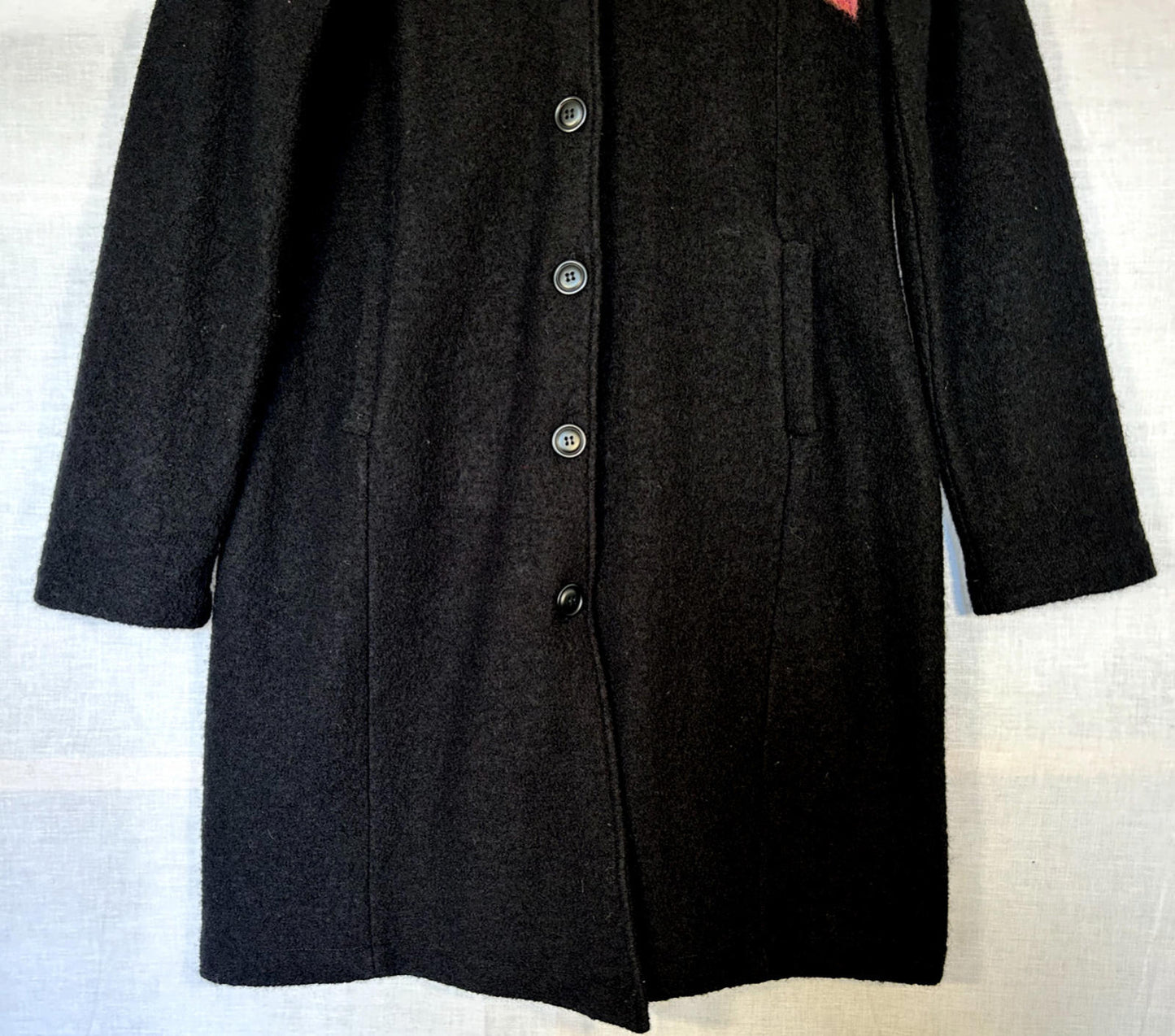 EDINA RONAY Coat 12/14 Black Mid Length 100% Wool Flower Appliqué Button Through