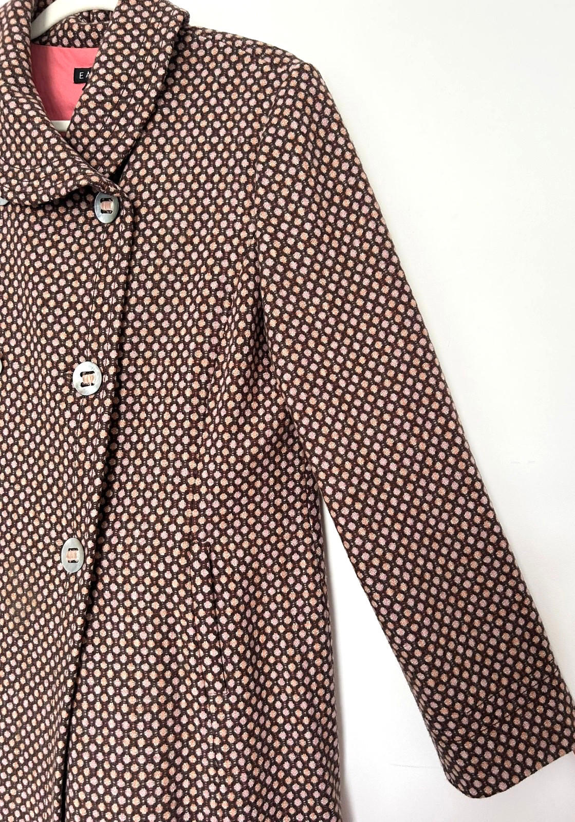 EAST Coat 14 Wool Blend Double Breasted Rounded Collar Pockets Long Sleeves