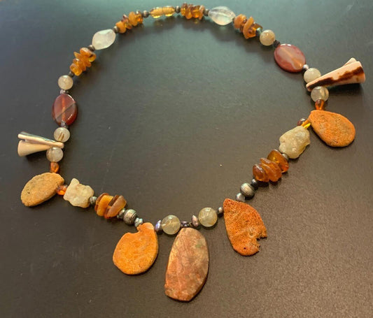 Necklace Sunstone Raw Coral Amber Carnelian Pearl Citrine 22 ins