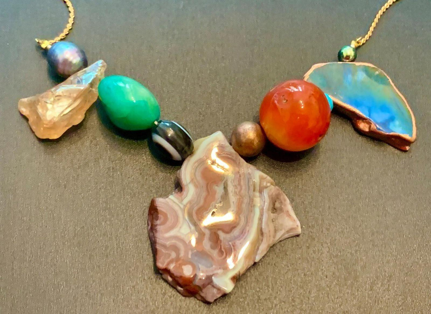 Necklace Mexican Lace Agate Carnelian Citrine Pearl Agate Copper 22 ins
