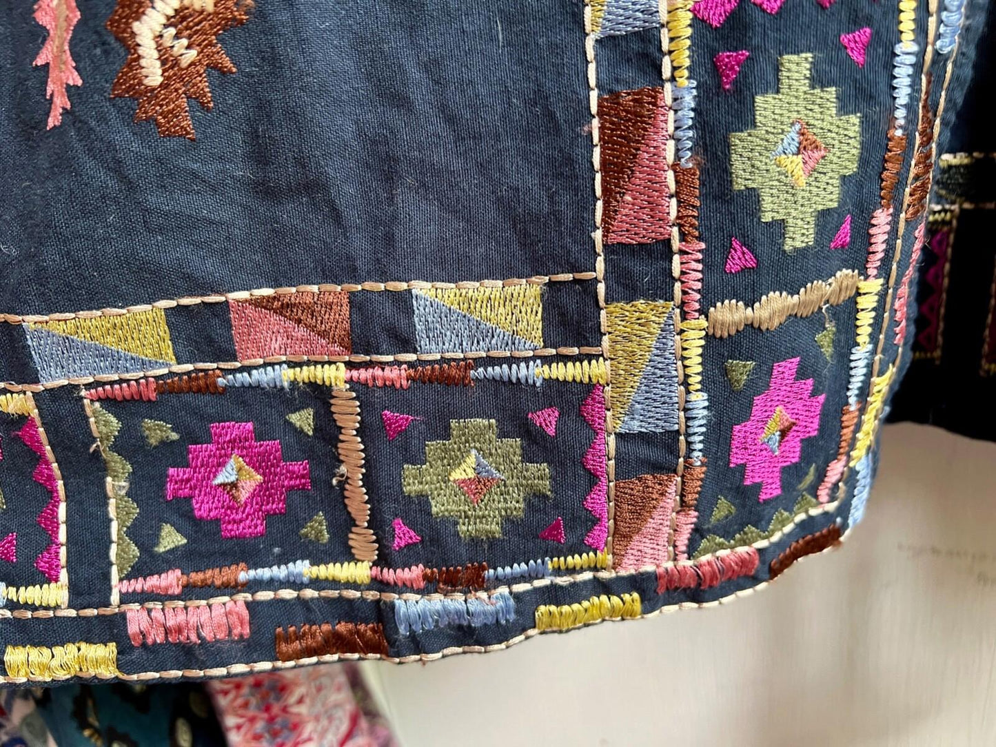 ZARA Coat XS Blue Cotton Embroidered Boho Ethnic Kimono Jacket Long Sleeves