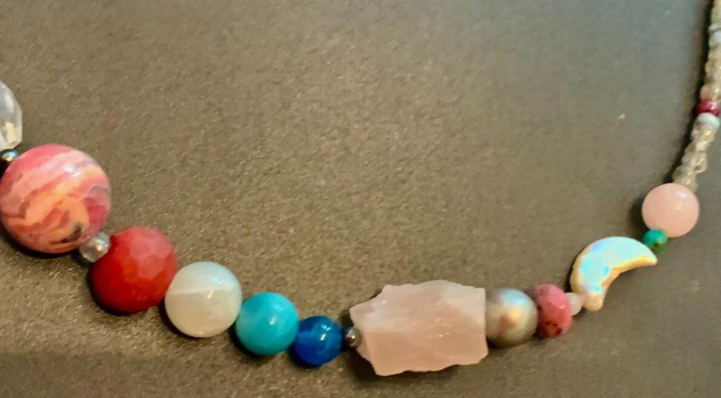 Necklace Sapphire Ruby Moonstone Rhodochrosite Quartz Silver Clasp