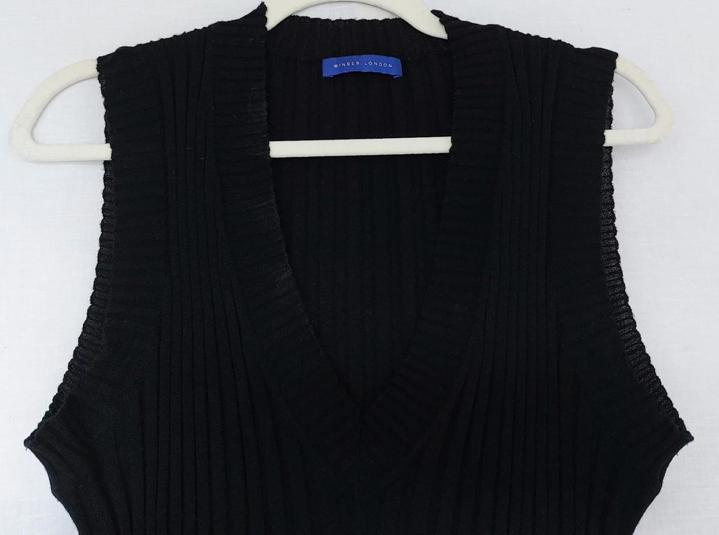 WINSER LONDON Tank Top Large Black Pure Merino Wool Ribbed V-Neck Sleeveless