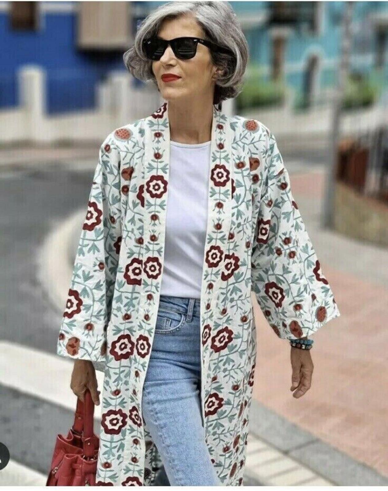 ZARA Coat Kimono Large Boho Embroidered Linen Floral Oversized Belted