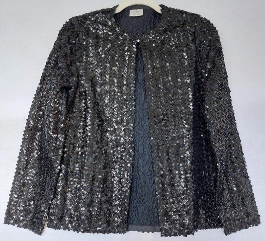 Evening Jacket 16 Black Sequins Lined Long Sleeves Stunning