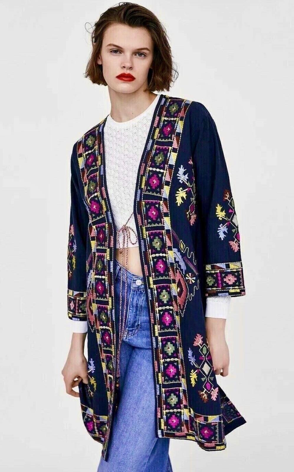 ZARA Coat XS Blue Cotton Embroidered Boho Ethnic Kimono Jacket Long Sleeves