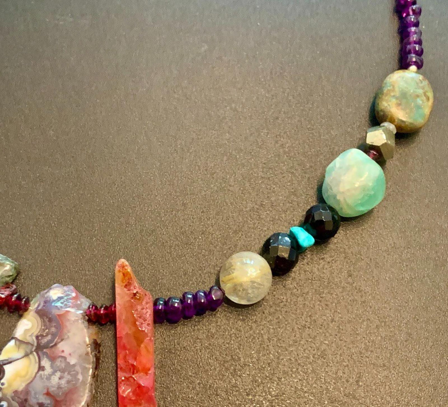 Necklace Mexican Crazy Lace Agate, Prehnite, Ruby, Pearl, Turquoise, Bali