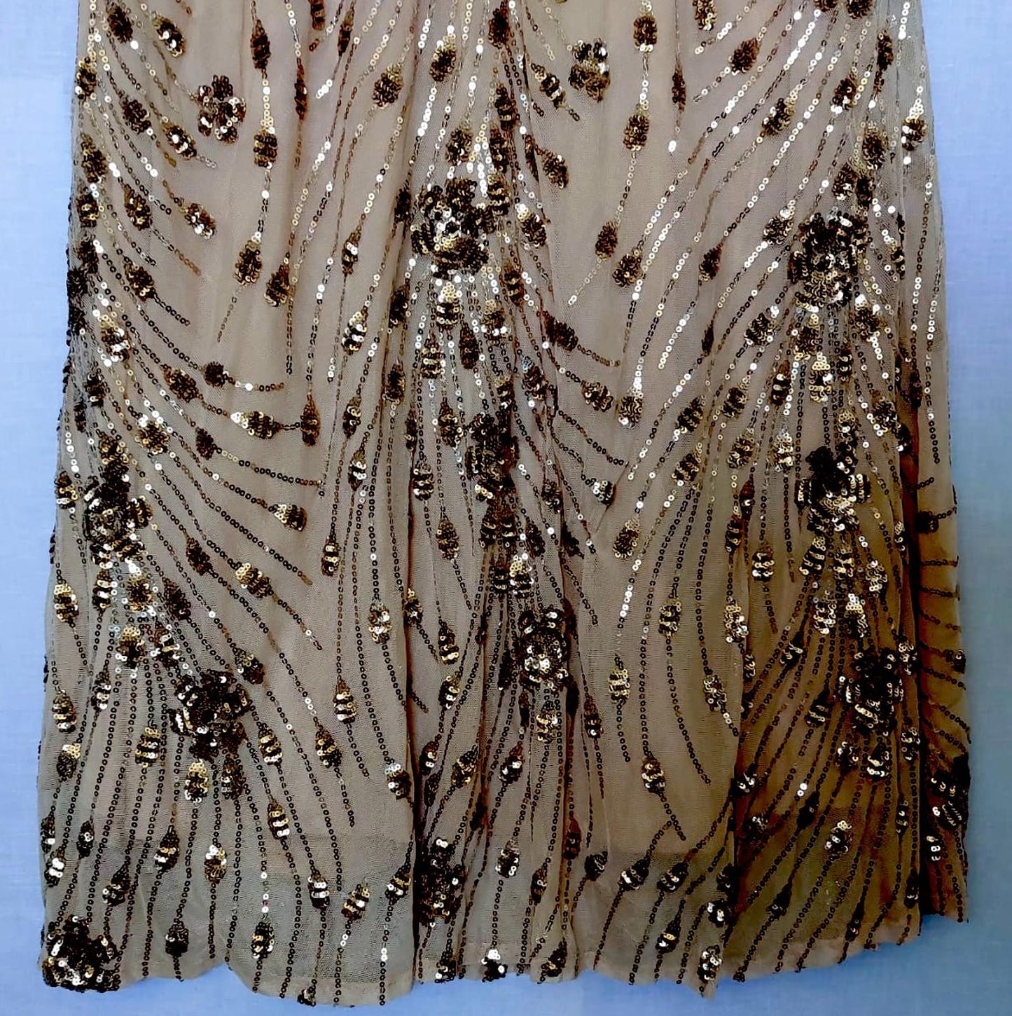 Evening Dress Medium Champagne Gold Lined Sequins Bust Padding Maxi Length BNWT