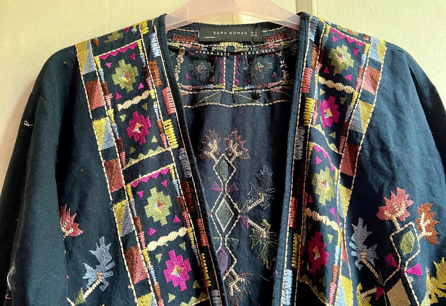 ZARA Coat XS Blue Cotton Embroidered Boho Ethnic Kimono Jacket Long Sleeves