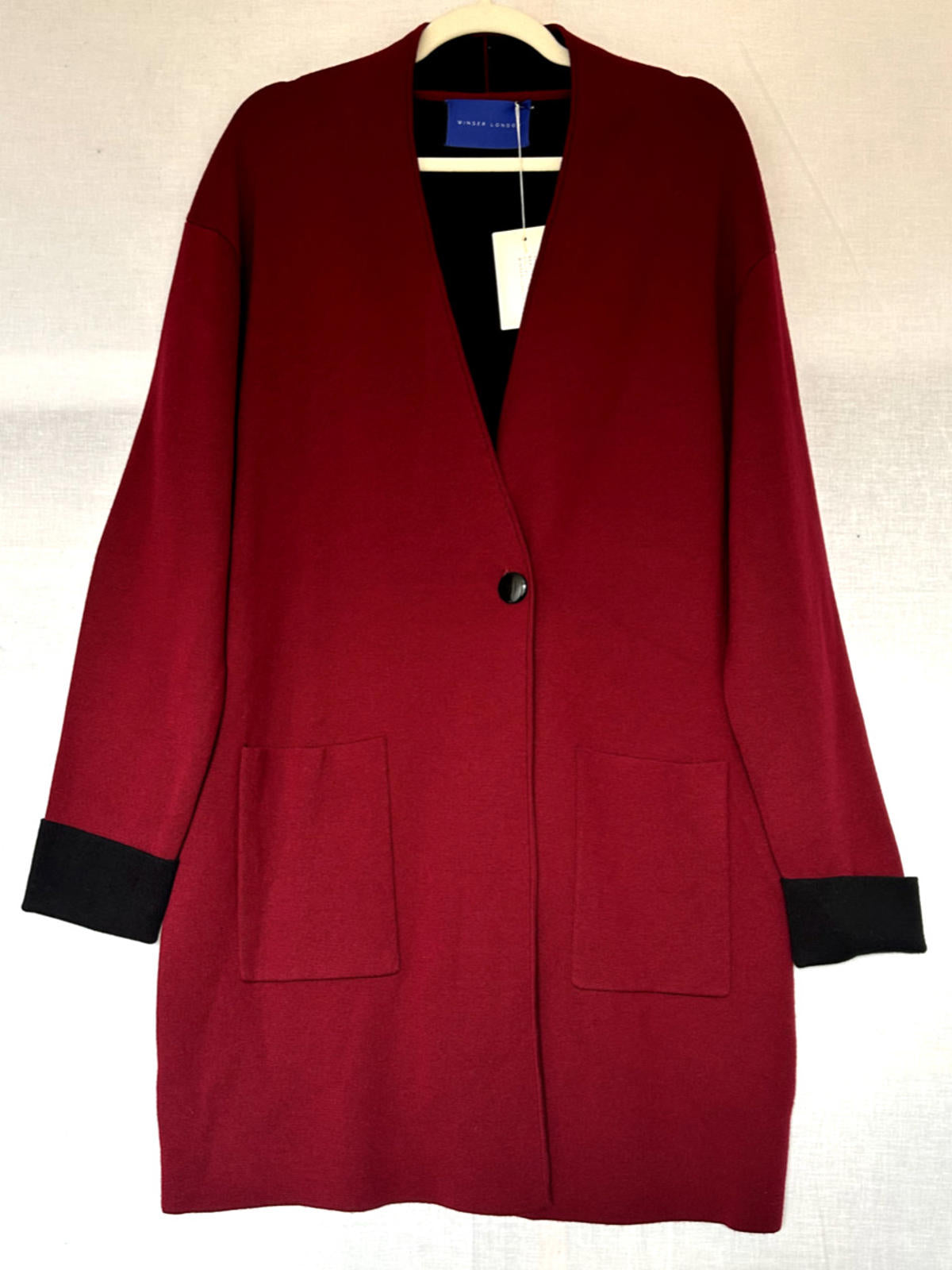 WINSER LONDON Coatigan Large Burgundy & Black Wool Blend Pockets Knitted BNWT