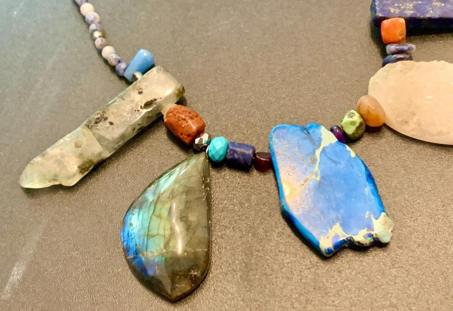 Necklace Lapis, Labradorite, Druzy Quartz, Coral,  Prehnite, Silver