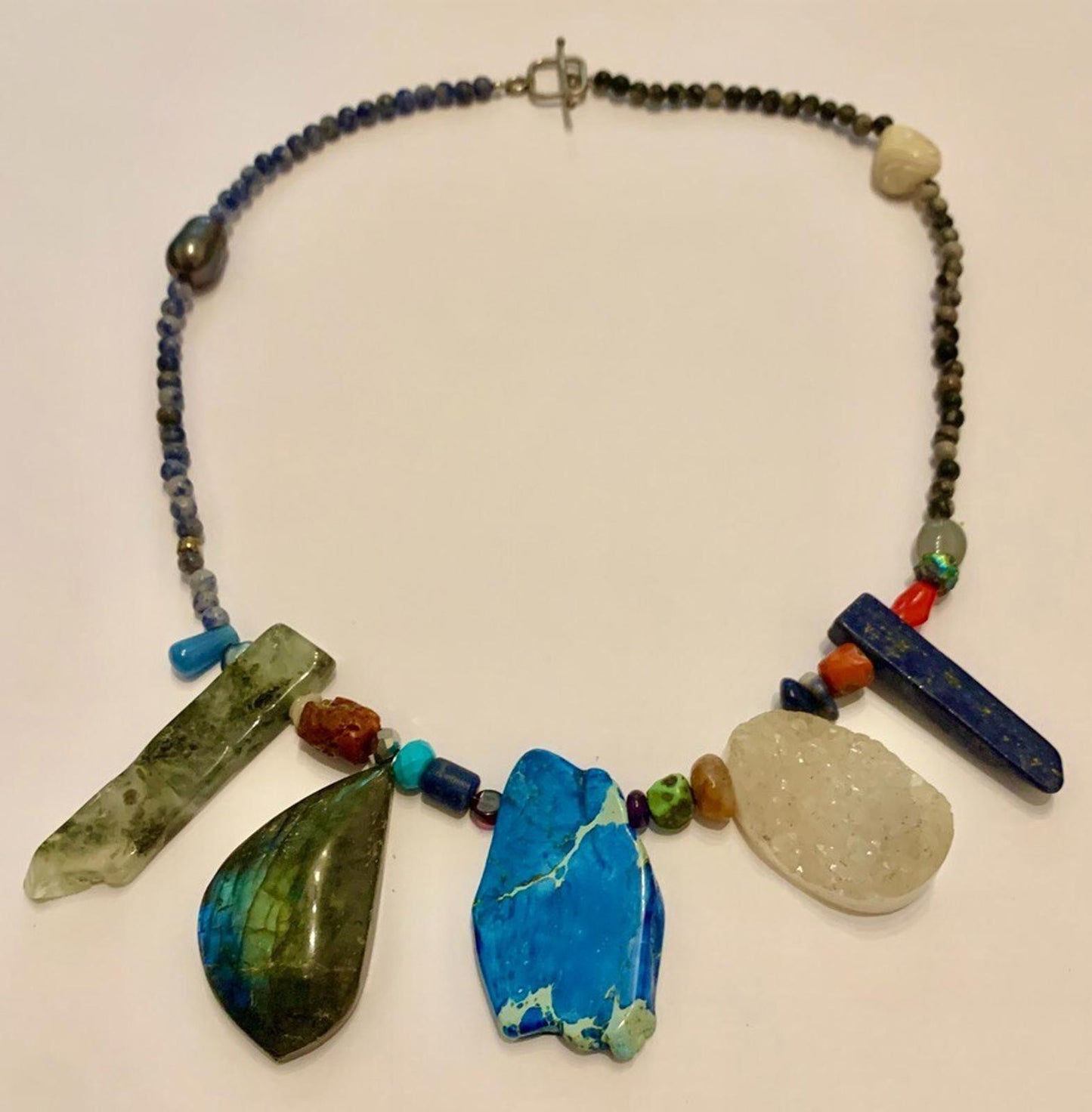 Necklace Lapis, Labradorite, Druzy Quartz, Coral,  Prehnite, Silver