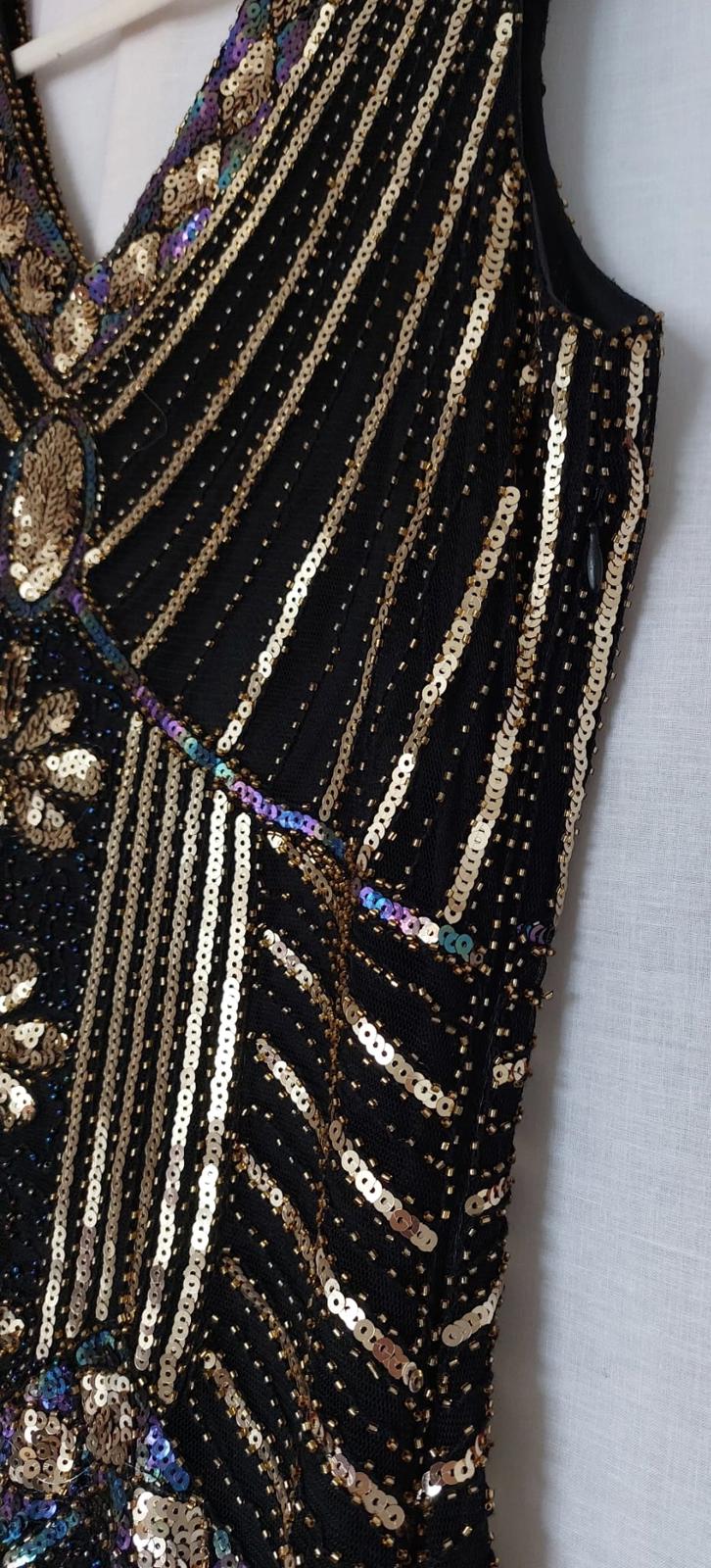 Dress 12/14 Black with Sequins V-Neck Fully Lined Tasselled Hem BNWOT