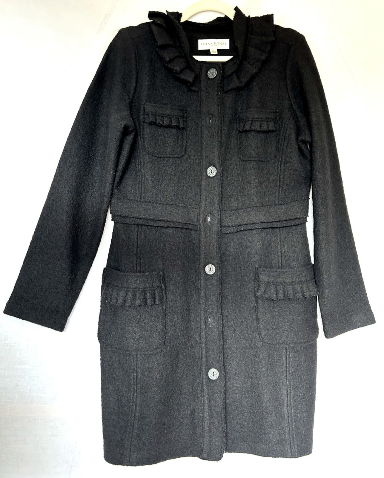 EDINA RONAY Coat 14 Black 100% Wool Button Through Pockets