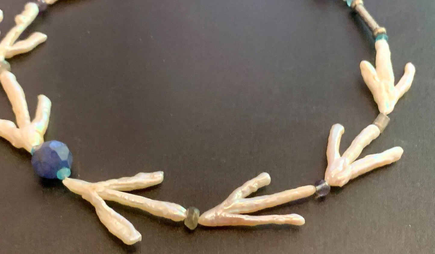 Necklace Pearl & Sapphire Beads Large Baroque Silver Bee Toggle Clasp  17 ins