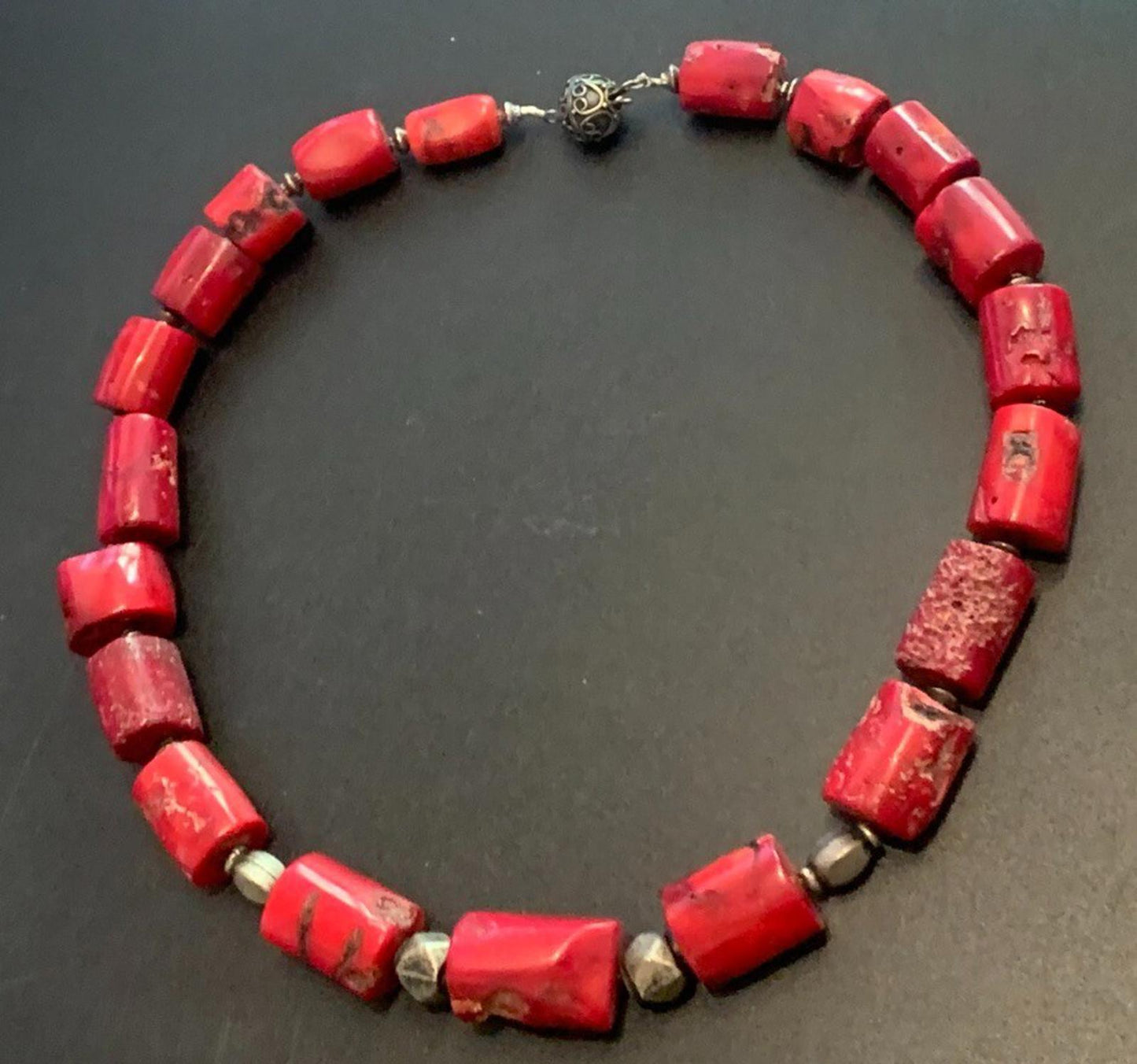 Necklace Boho Chunky Large Bamboo Coral Nuggets Bali Silver 20 ins