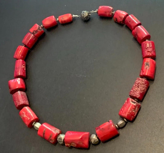 Necklace Boho Chunky Large Bamboo Coral Nuggets Bali Silver 20 ins