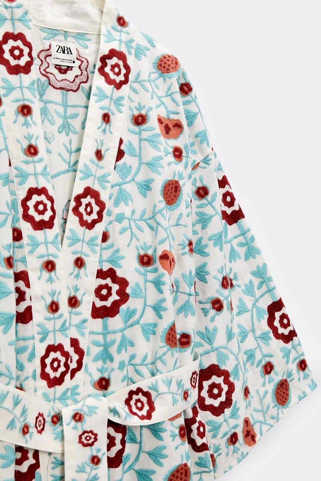 ZARA Coat Kimono Large Boho Embroidered Linen Floral Oversized Belted