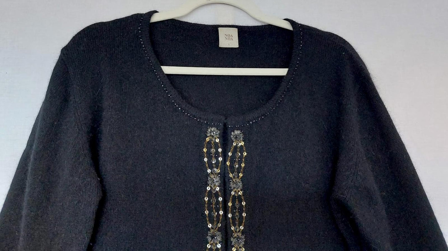NOA NOA Cardigan Large Black Wool Angora Blend Beads Sequins Long Sleeves