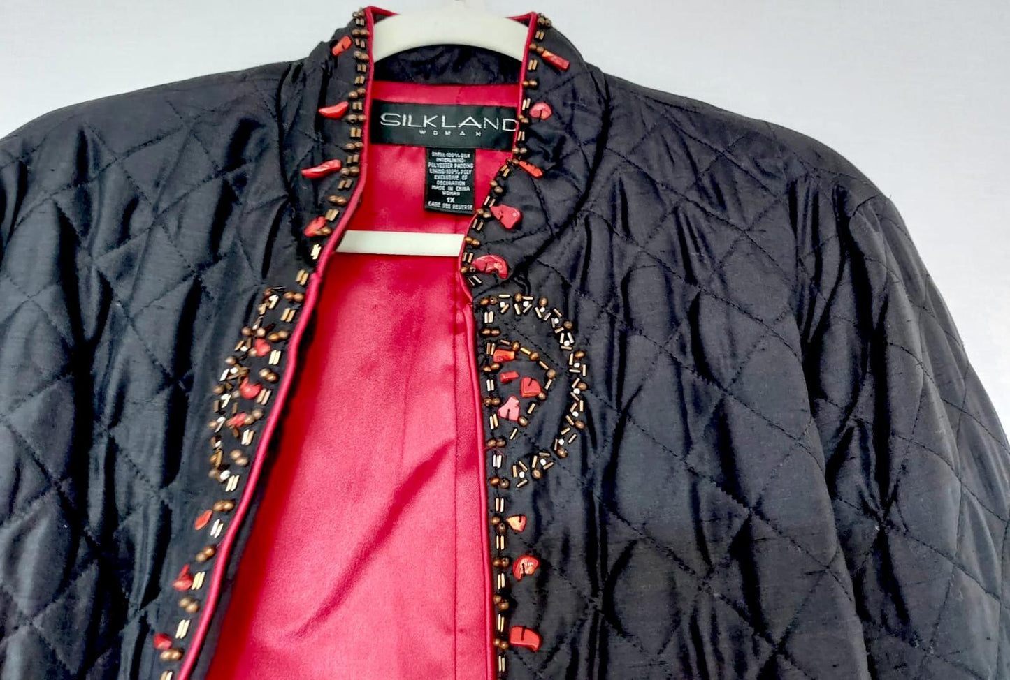SILKLAND Jacket XL Black 100% Silk Beads Stones Lined Long Sleeves