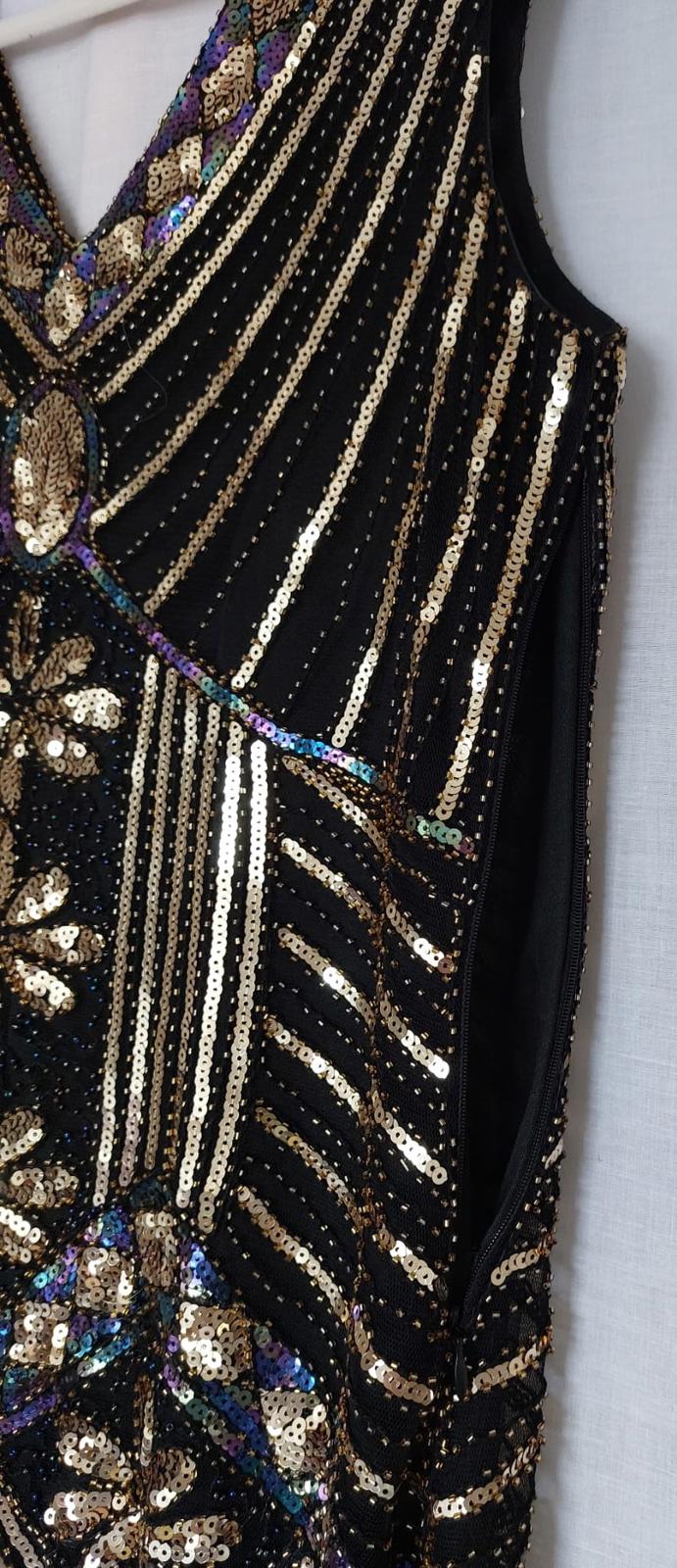 Dress 12/14 Black with Sequins V-Neck Fully Lined Tasselled Hem BNWOT