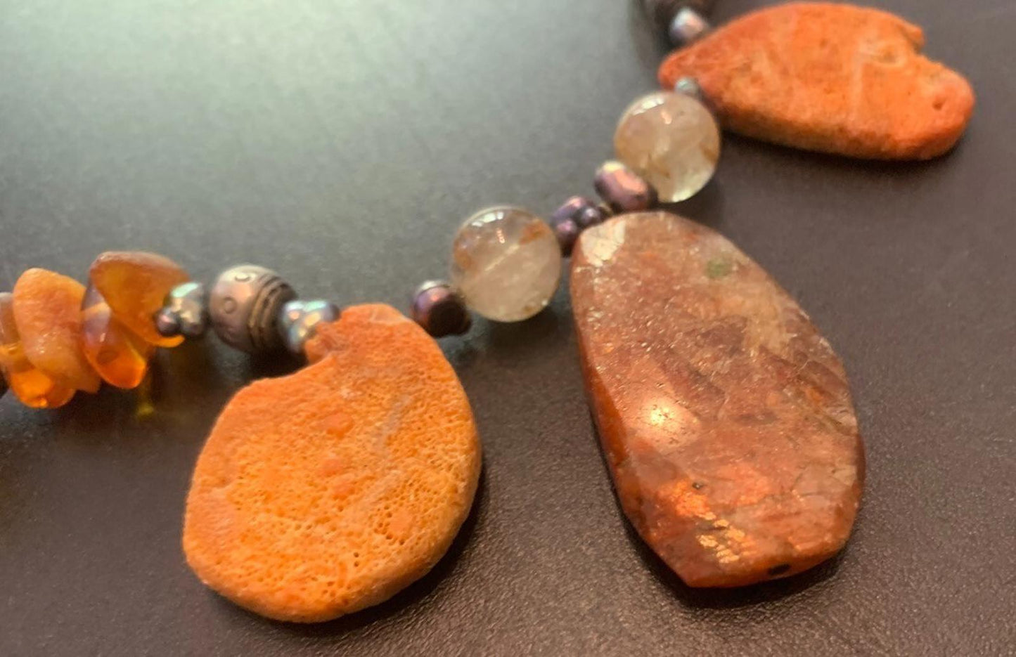 Necklace Sunstone Raw Coral Amber Carnelian Pearl Citrine 22 ins