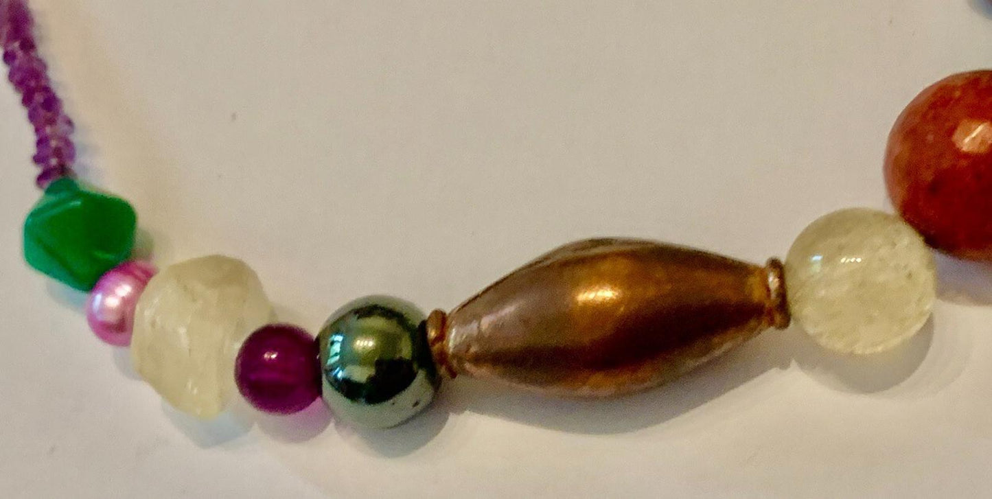 Necklace Fluorite, Coral, Ruby, Turquoise, Hematite, Silver