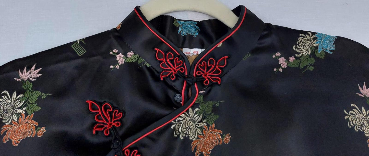 Silk Dress 14 Black Vintage Floral Frog Fastening Contrast Piping Side Slits