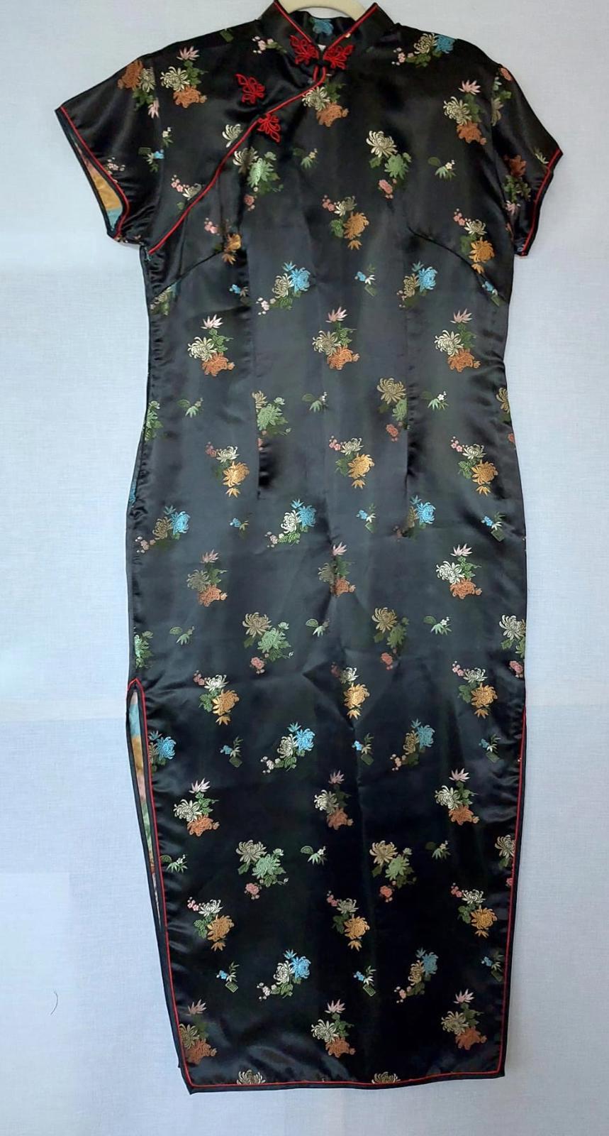 Silk Dress 14 Black Vintage Floral Frog Fastening Contrast Piping Side Slits