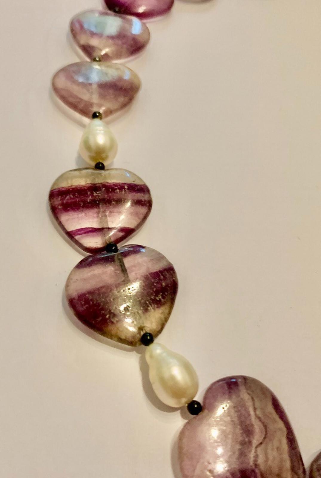 Necklace Fluorite Large Rainbow Heart & Pearl Boho 22 ins