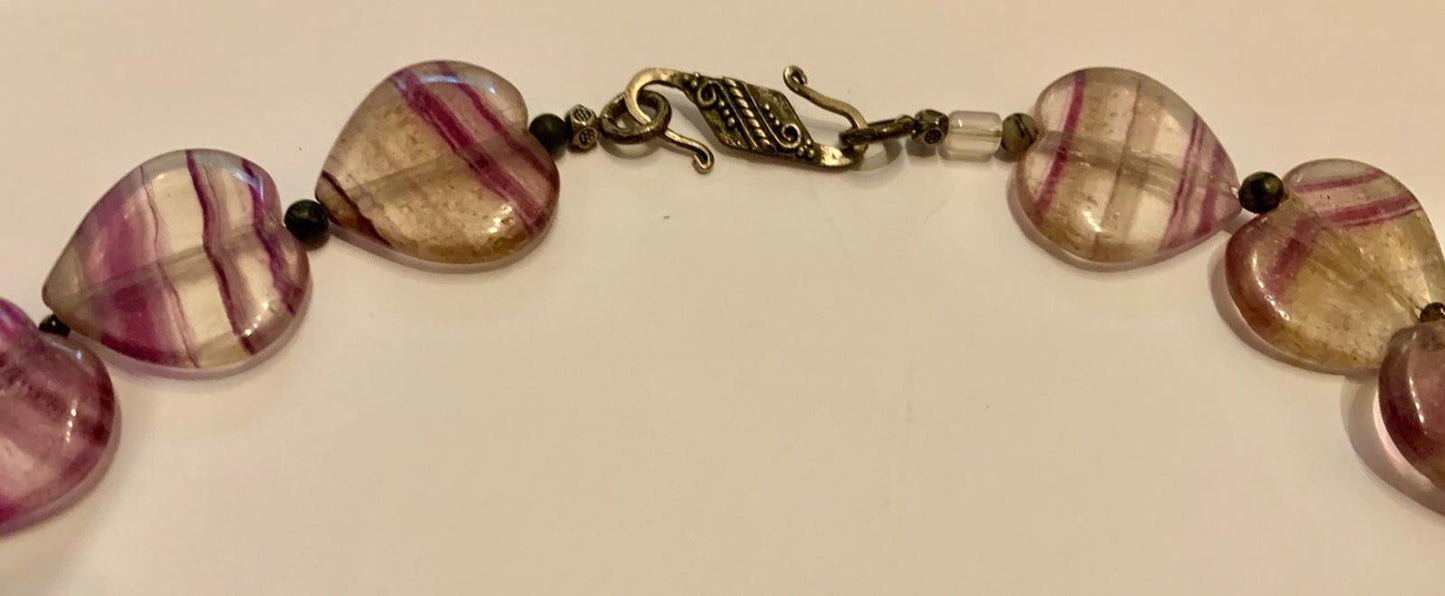 Necklace Fluorite Large Rainbow Heart & Pearl Boho 22 ins