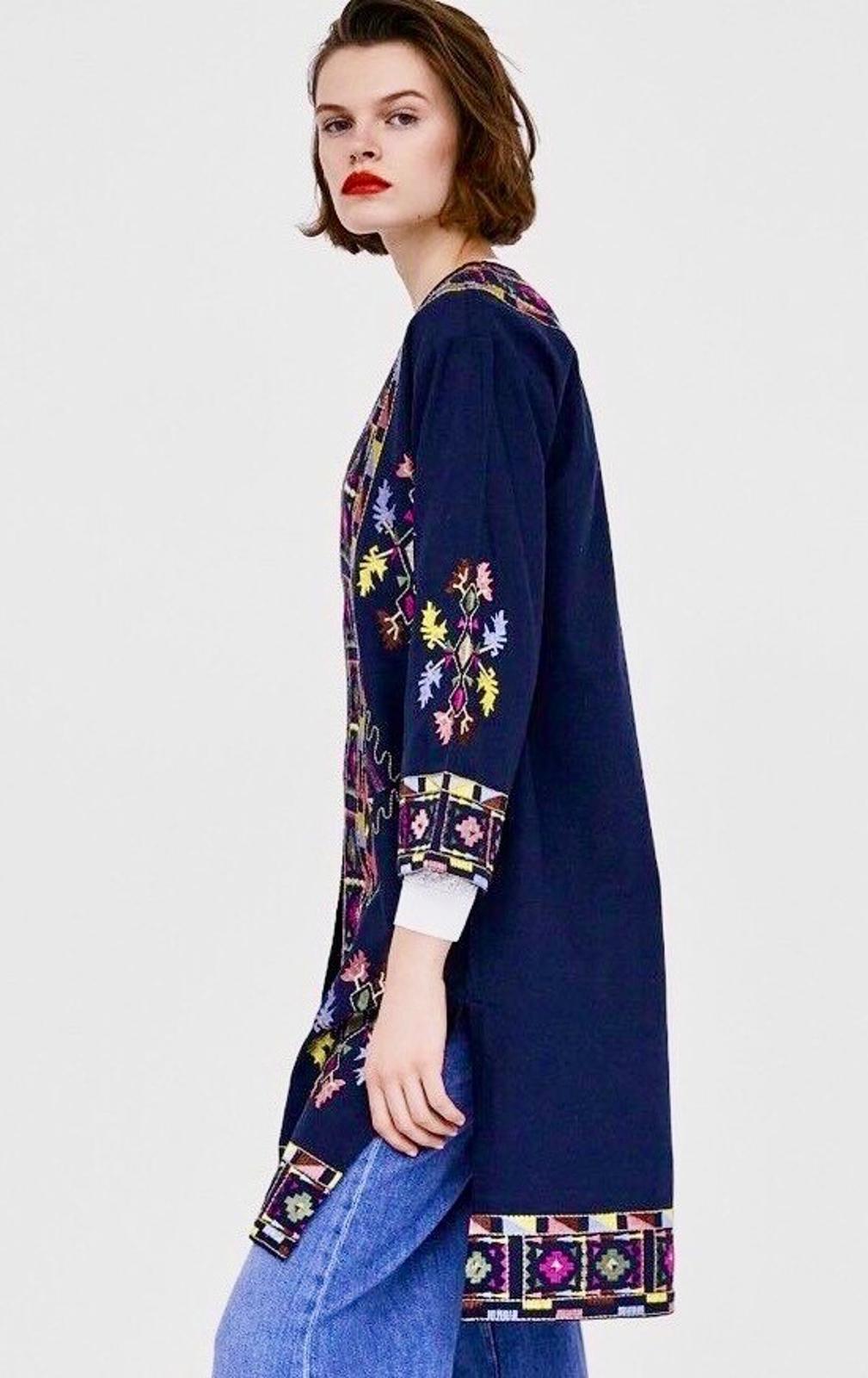ZARA Coat XS Blue Cotton Embroidered Boho Ethnic Kimono Jacket Long Sleeves