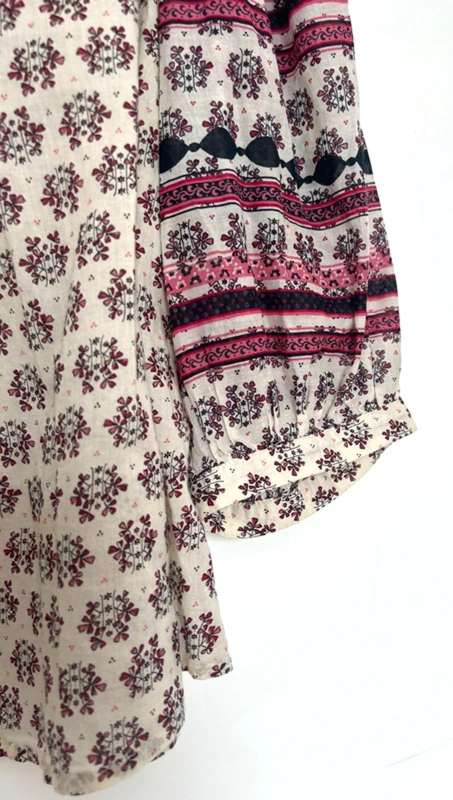 Per Una Tunic Top Medium Cotton Block Printed Faux Wrap Contrast Sleeves