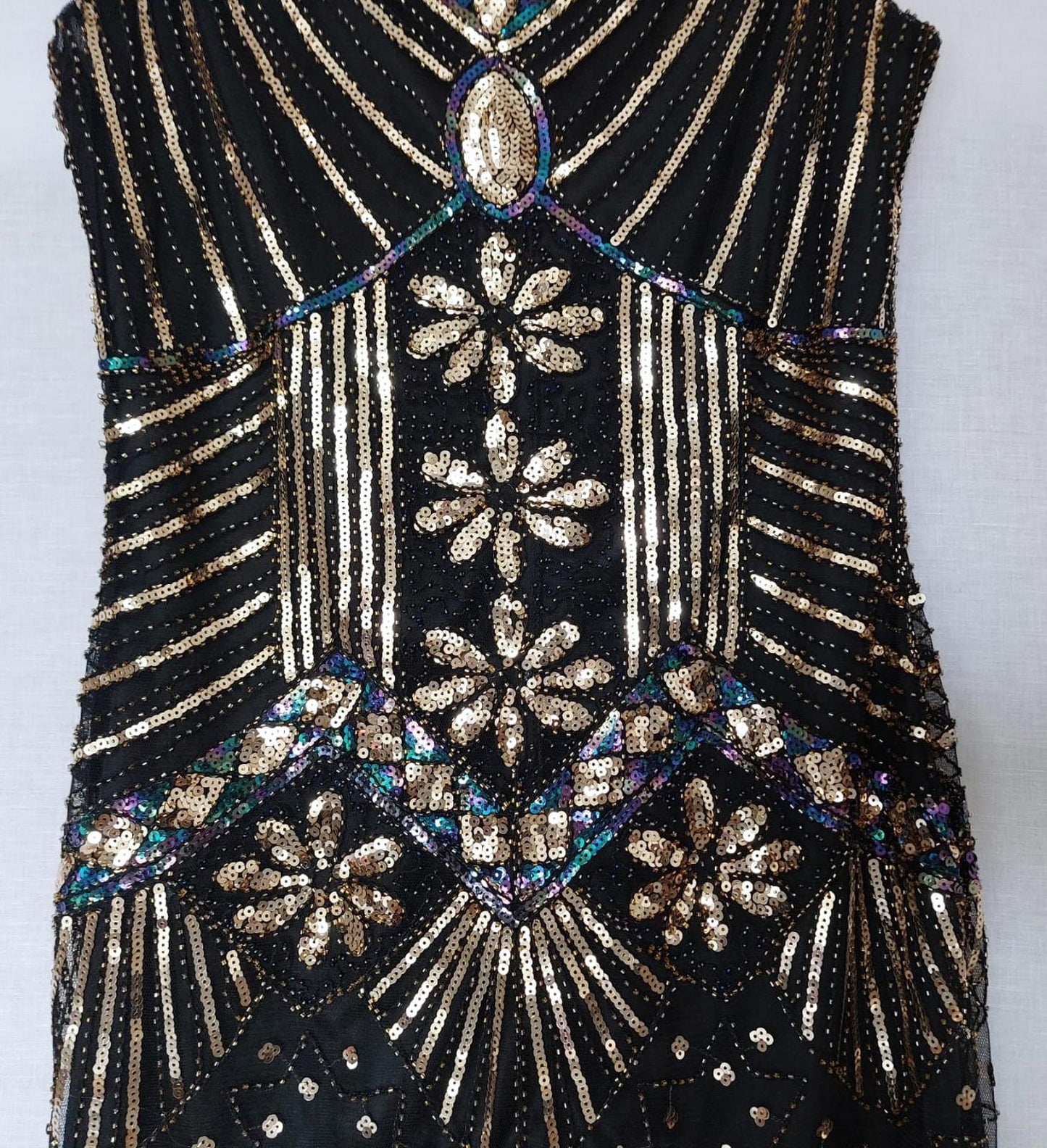 Dress 12/14 Black with Sequins V-Neck Fully Lined Tasselled Hem BNWOT