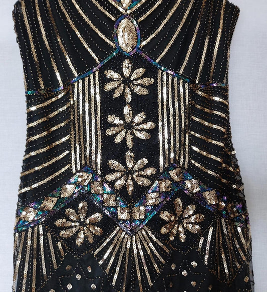 Dress 12/14 Black with Sequins V-Neck Fully Lined Tasselled Hem BNWOT