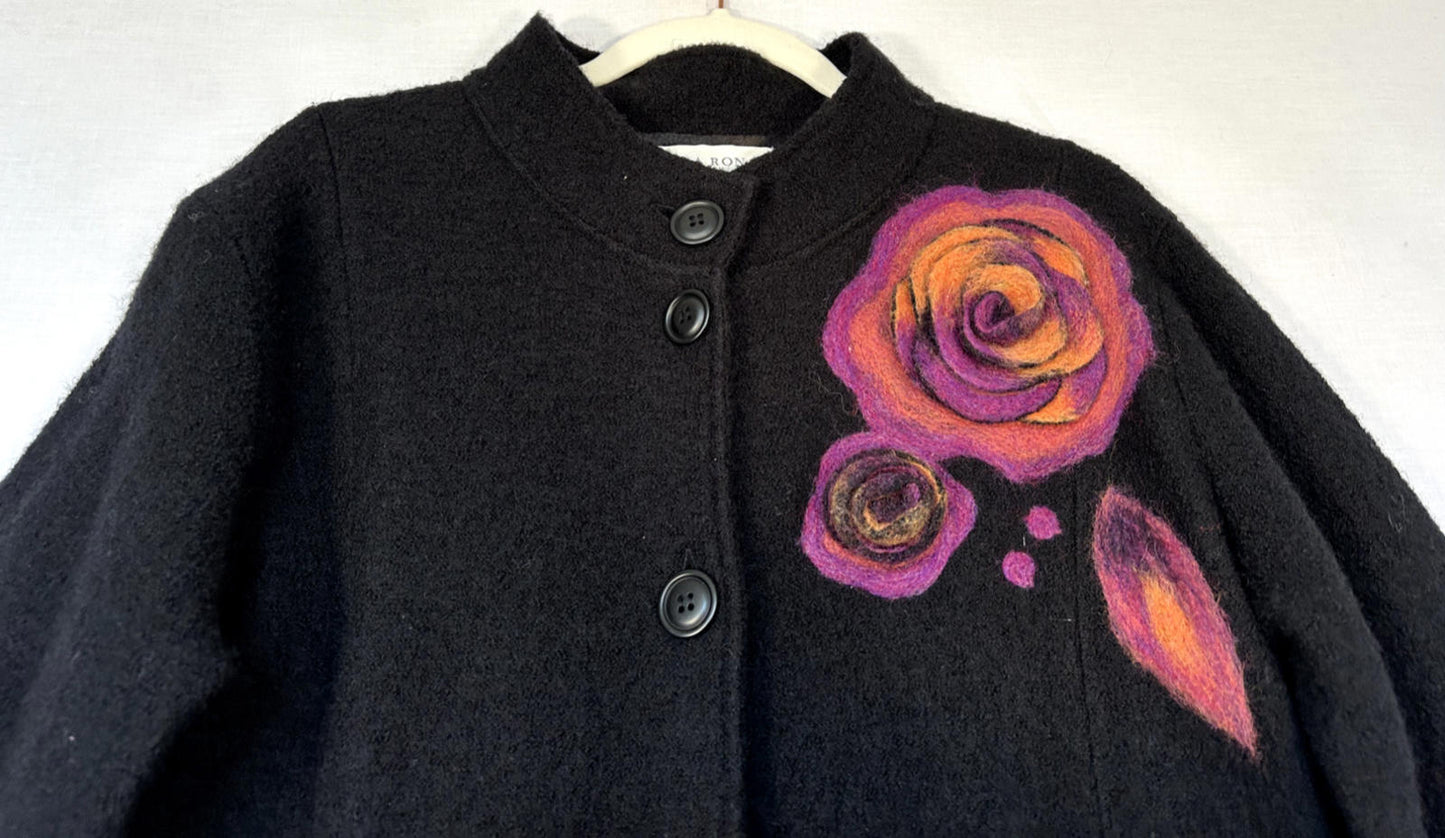 EDINA RONAY Coat 12/14 Black Mid Length 100% Wool Flower Appliqué Button Through
