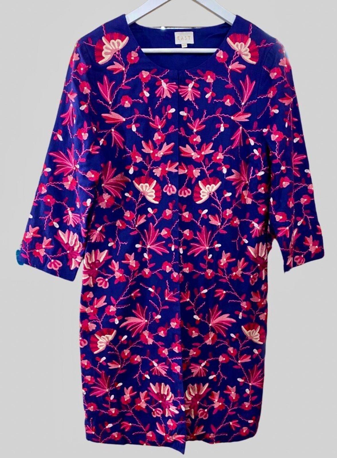 EAST Coat S/M Blue & Pink  Embroidered Cotton & Linen Midi Length Round Neck